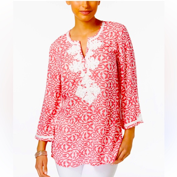 Charter Club Embroidered Split Neck Tunic Pink White Size PM Resort Cruise Chic - Picture 1 of 14